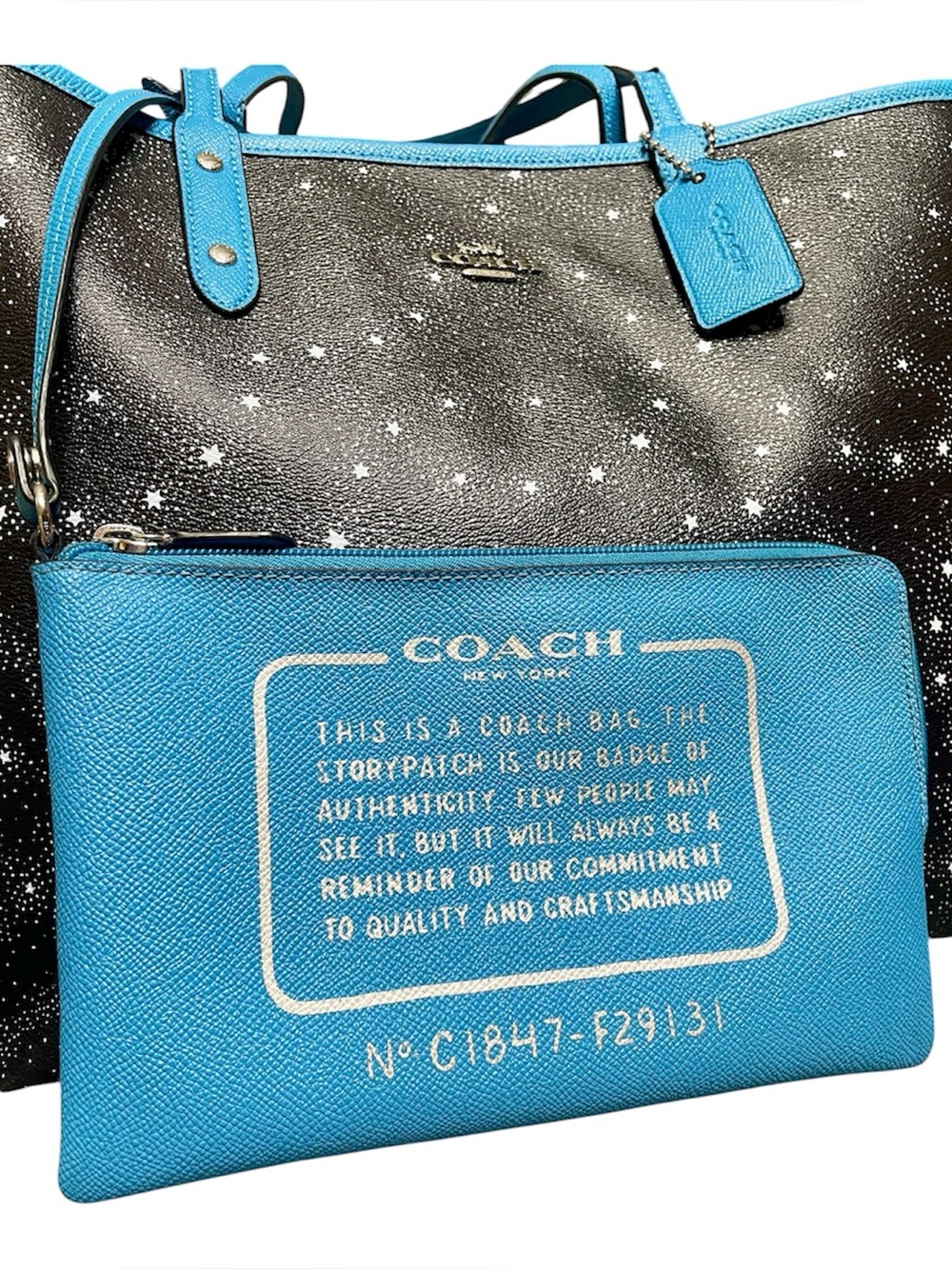 Coach Galaxy Black Star Print & Blue Reversible City Tote w/ Removable Zip Pouch - Picture 9 of 10